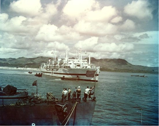 USS Tranquility at Guam with USS Indianapolis Survivors